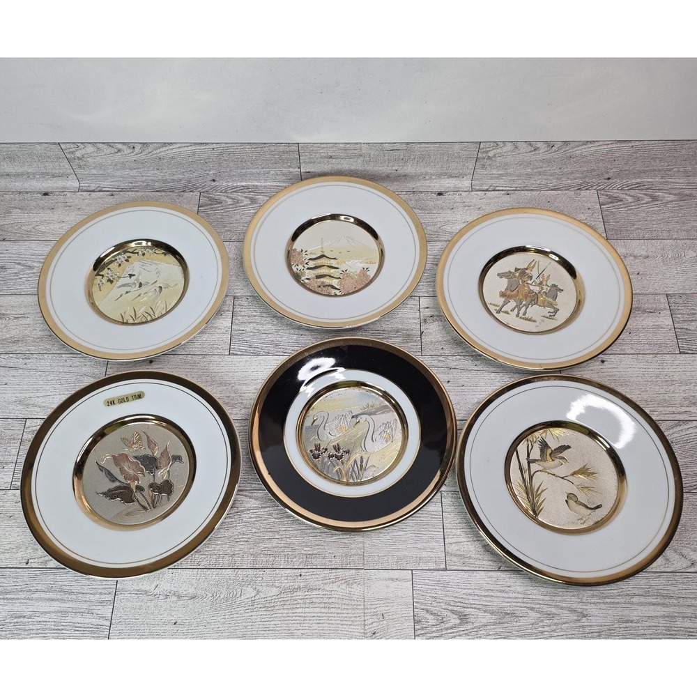 Lot 6 Vintage The Art Of Chokin Plate 24K Gold Edge Mixed Design From Japan